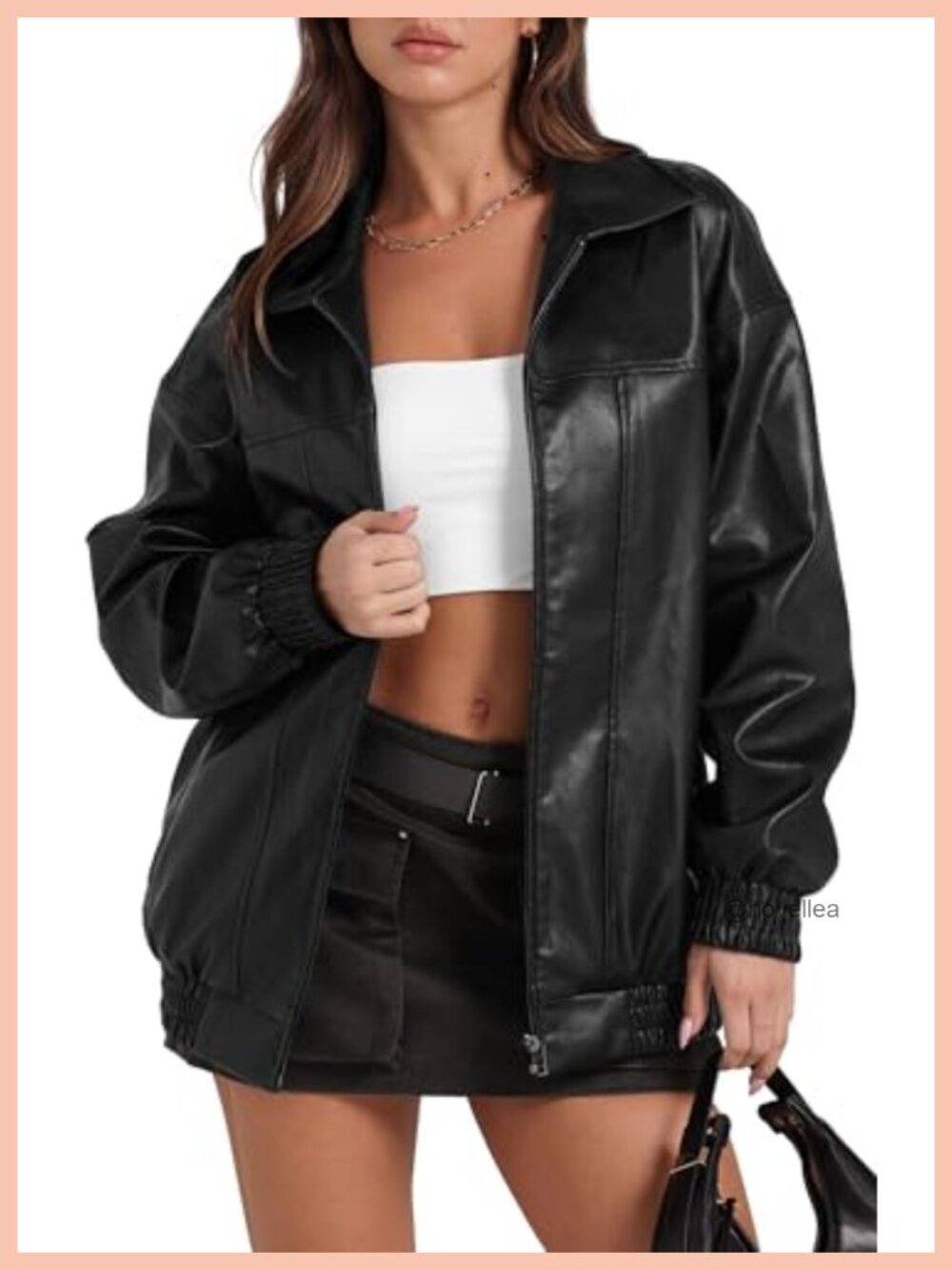 Women's Faux Leather Motorcycle Bomber Jacket Oversized Long Sleeve Zipper
